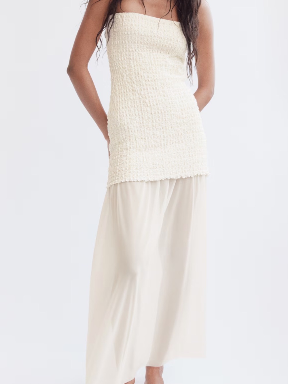 H&M Divided Ivory/Cream Textured Dual Fabric Strapless Maxi Dress Size M